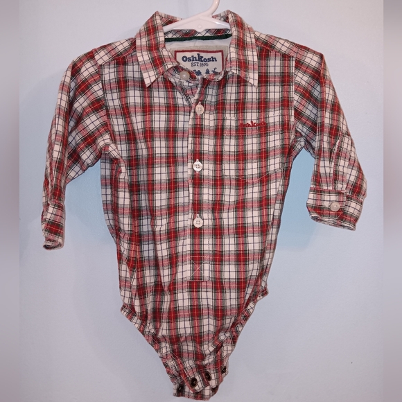 Vintage OSH KOSH BGOSH snap button down collared long sleeve onesie red plaid - Picture 9 of 12